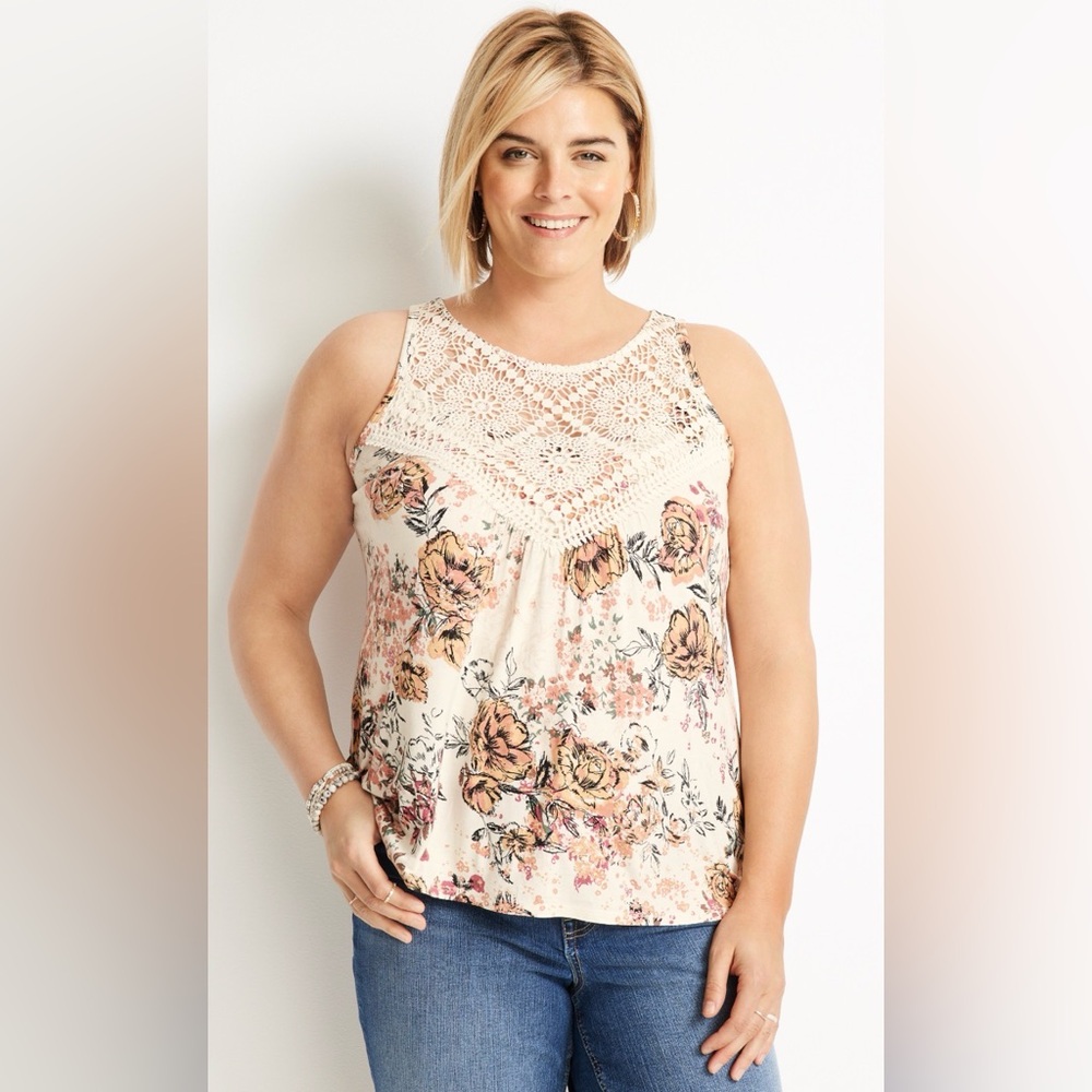 Maurices Floral Print High Neck Crotchet Tank Top, Cream, Peach & Blush size 2XL
